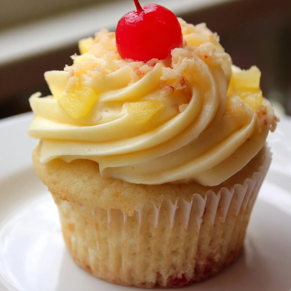 A batch of Dole Whip Cupcakes with tall swirls of light pineapple cream frosting