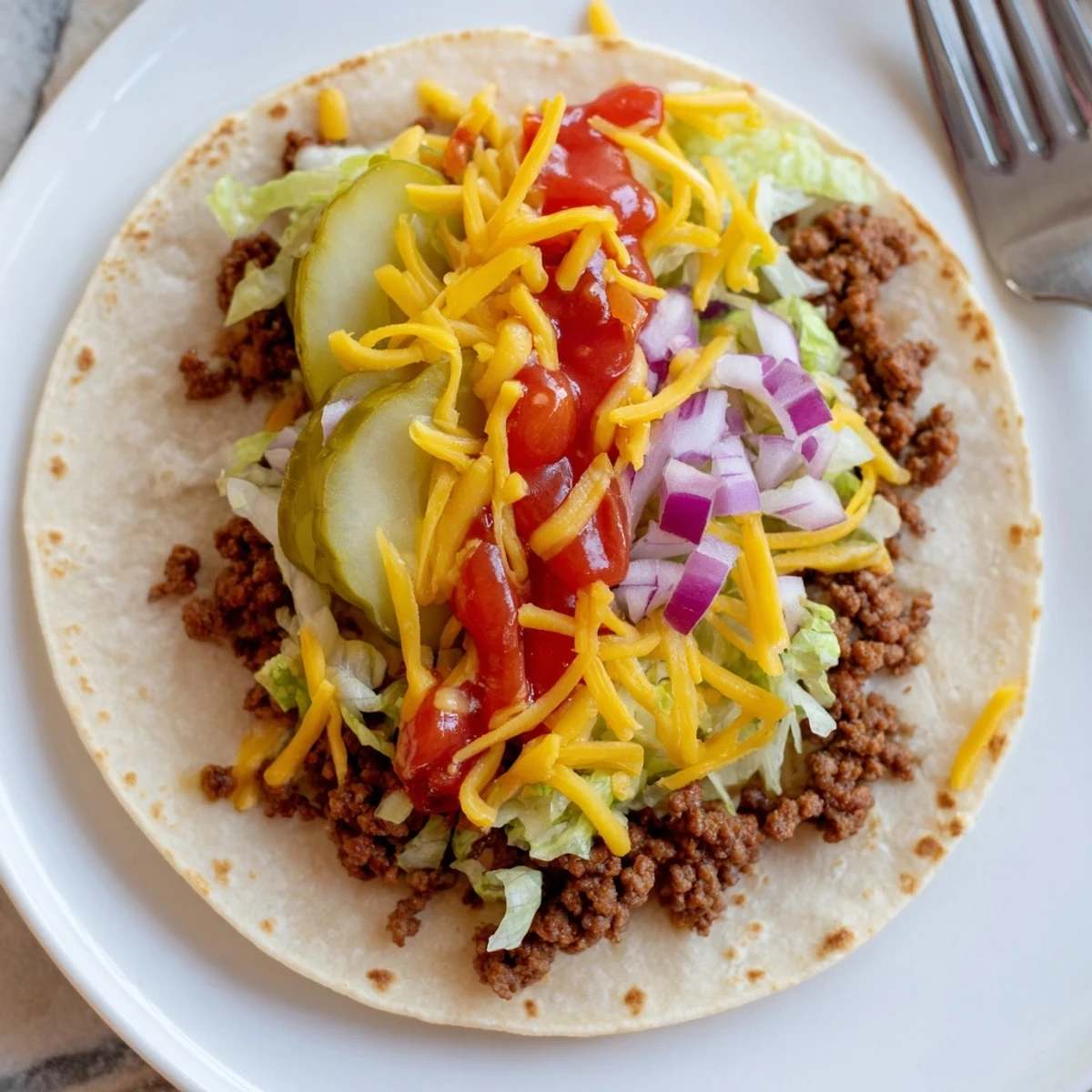 Crispy smash burger tacos loaded with melted cheddar, fresh lettuce, and tangy burger sauce