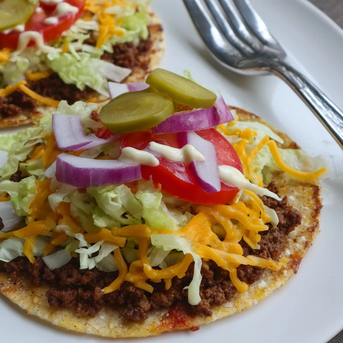 Juicy smash burger tacos drizzled with creamy sauce and piled with crisp shredded iceberg