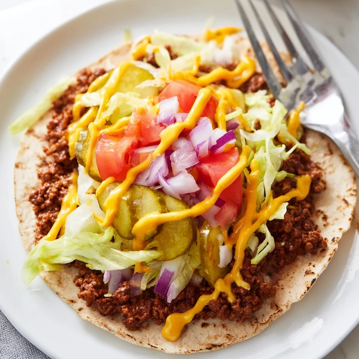 Golden flour tortillas cradling thin smashed beef patties topped with diced tomato and pickles