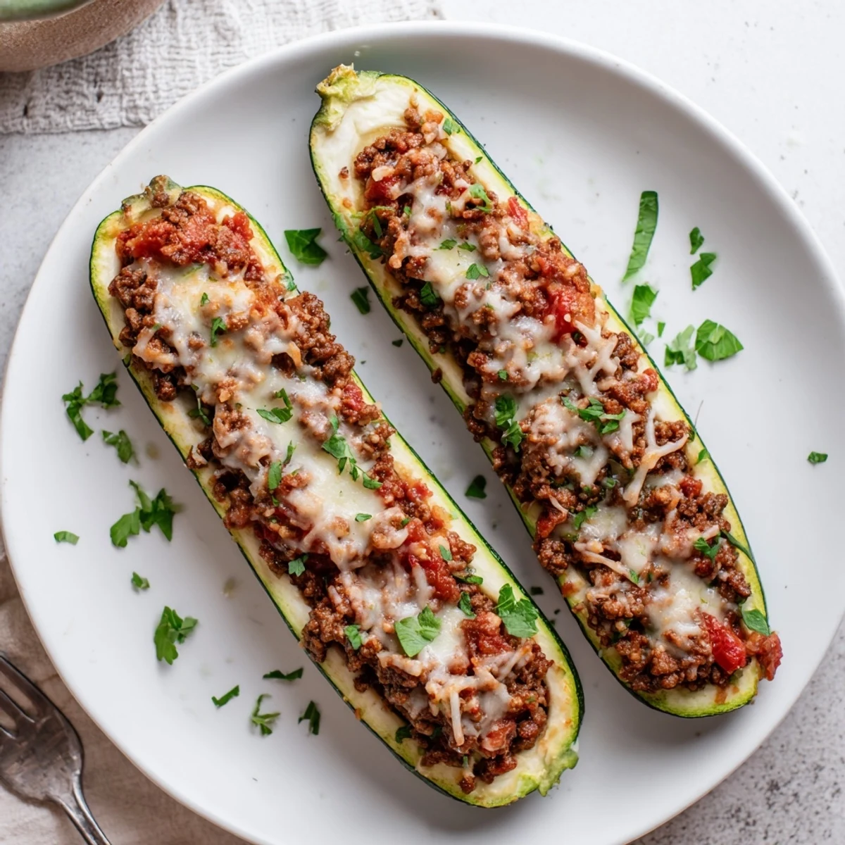 Golden stuffed zucchini boats with ground beef bubbling with melted mozzarella cheese