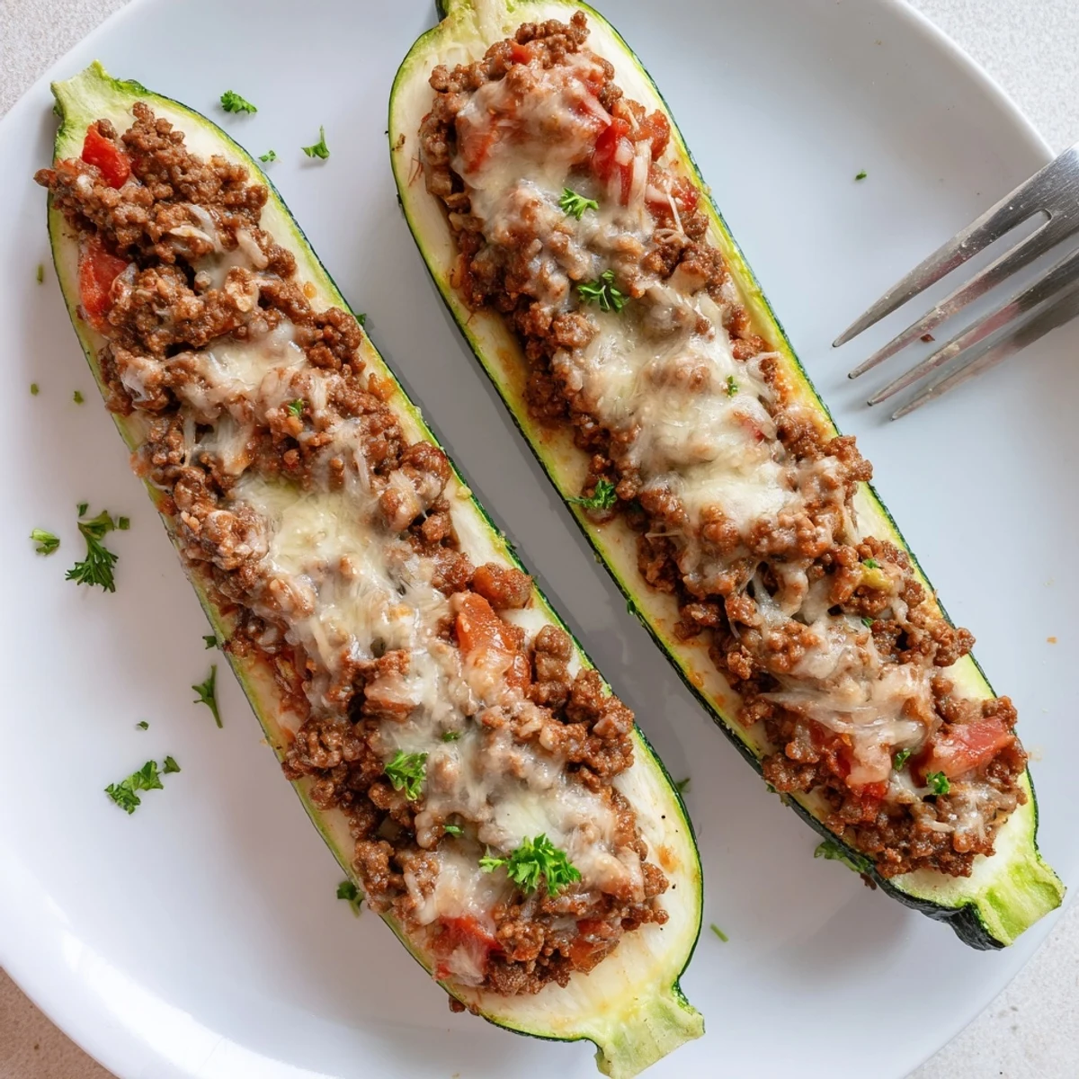 Tender baked zucchini halves filled with savory ground beef and Parmesan topping
