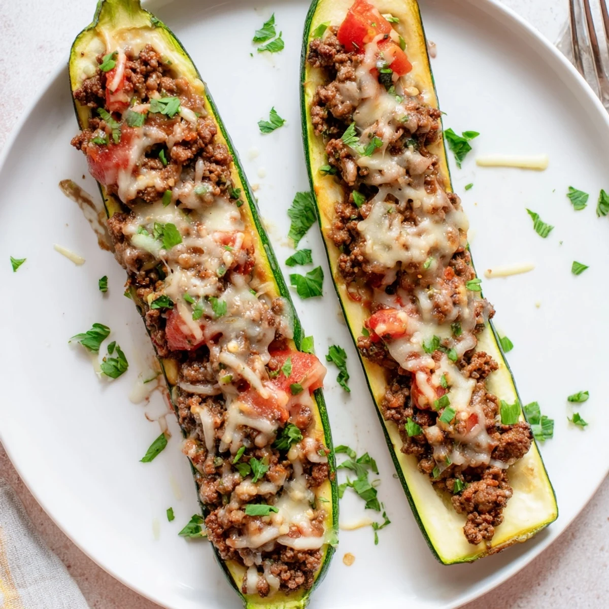 Sliced zucchini boats loaded with seasoned ground beef fresh from the oven