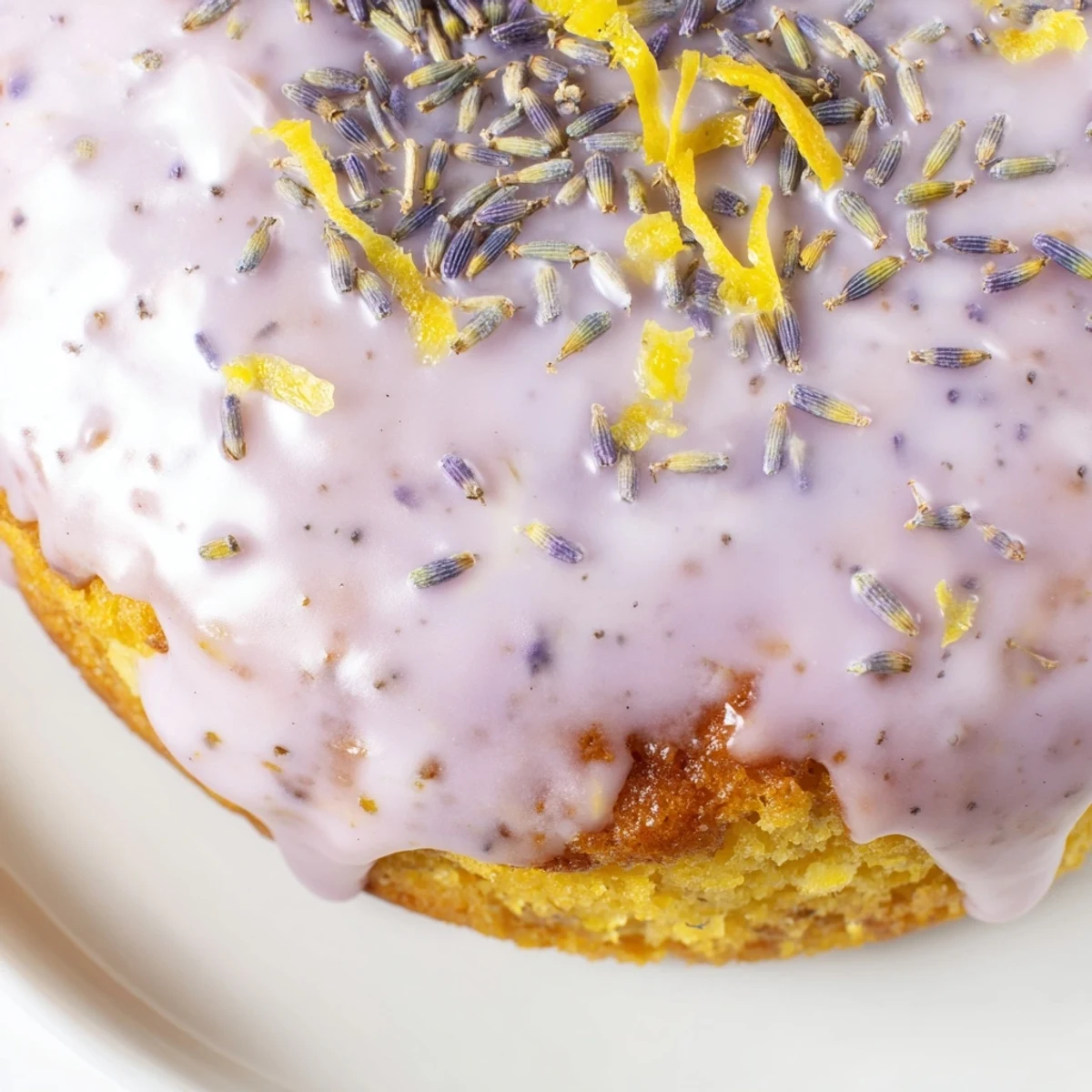 Mini lemon cakes with lavender glaze served on a vintage dessert plate