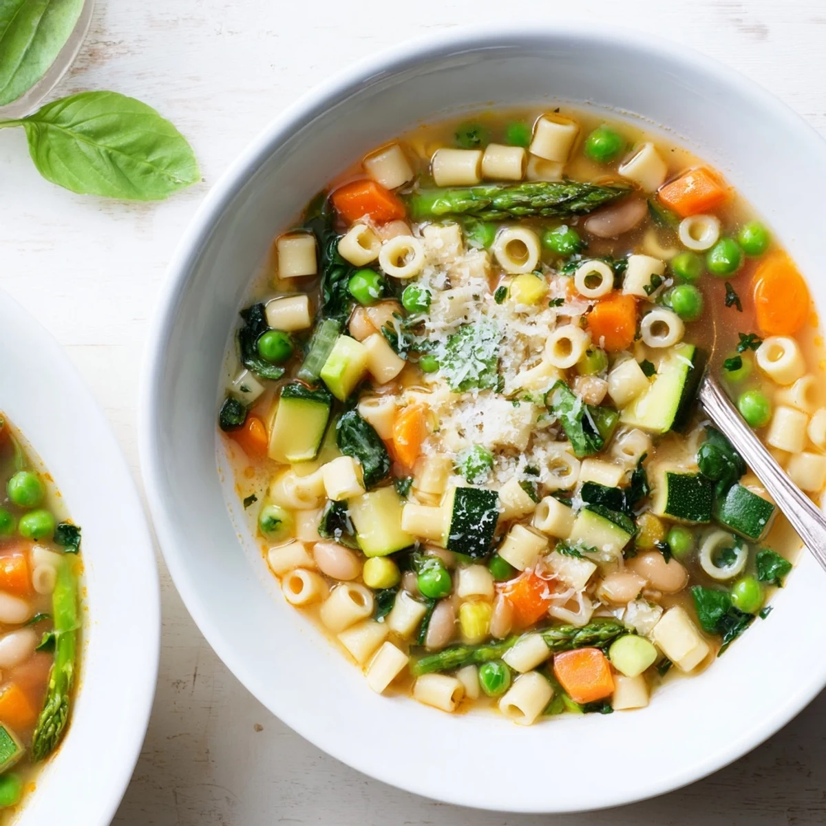 A steaming bowl of spring minestrone soup recipe filled with tender pasta and bright green vegetables.