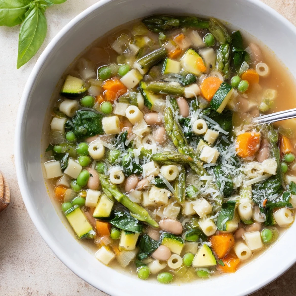 Creamy Parmigiano Reggiano tops this spring minestrone soup recipe alongside crusty bread for a hearty lunch.