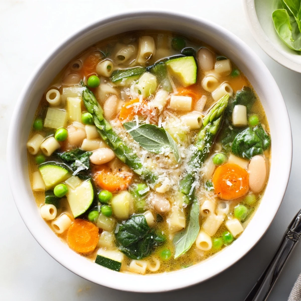 Golden broth in this spring minestrone soup recipe with cannellini beans, asparagus, and fresh basil.