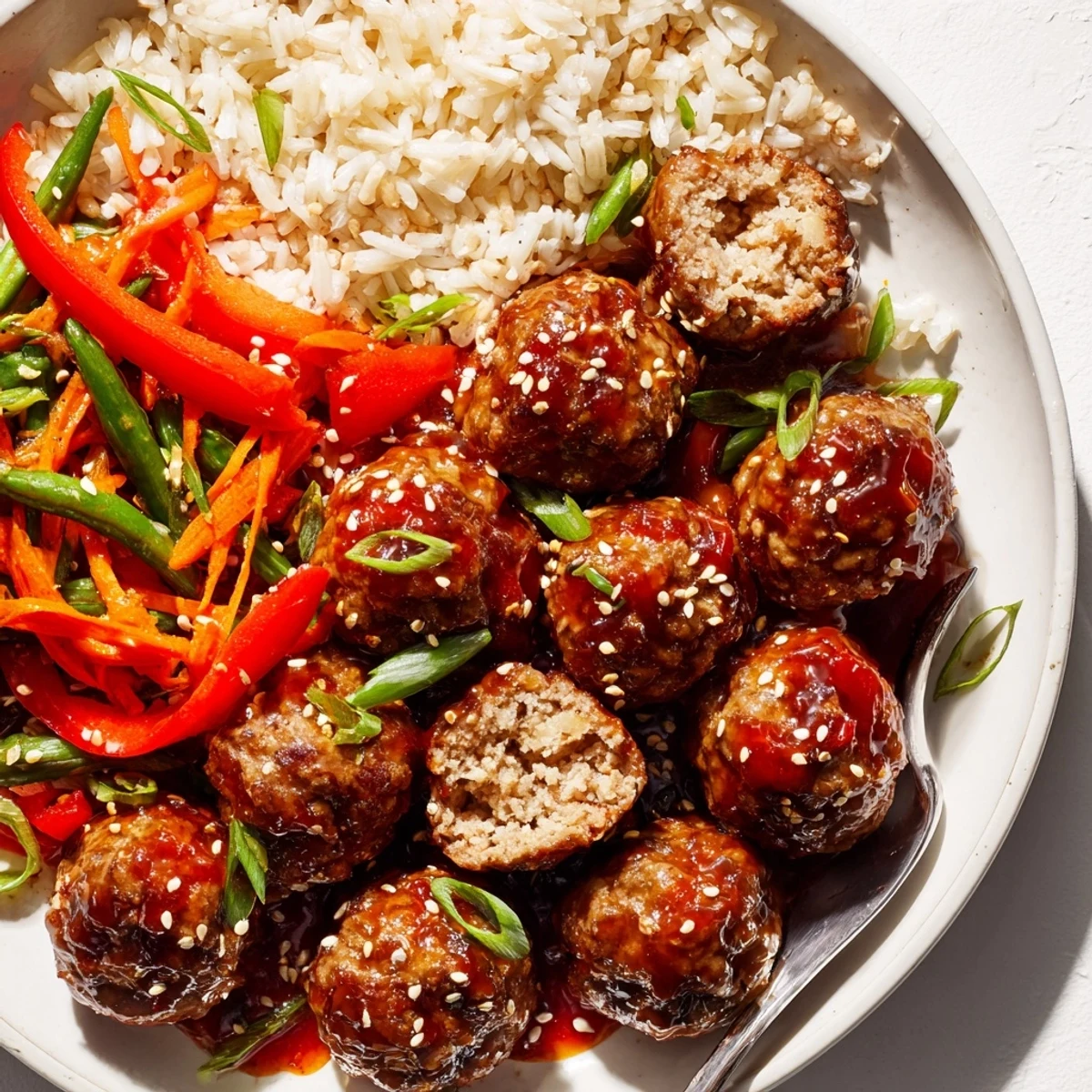 Hello Fresh Firecracker Meatballs glazed sticky, served over fluffy jasmine rice, scallions