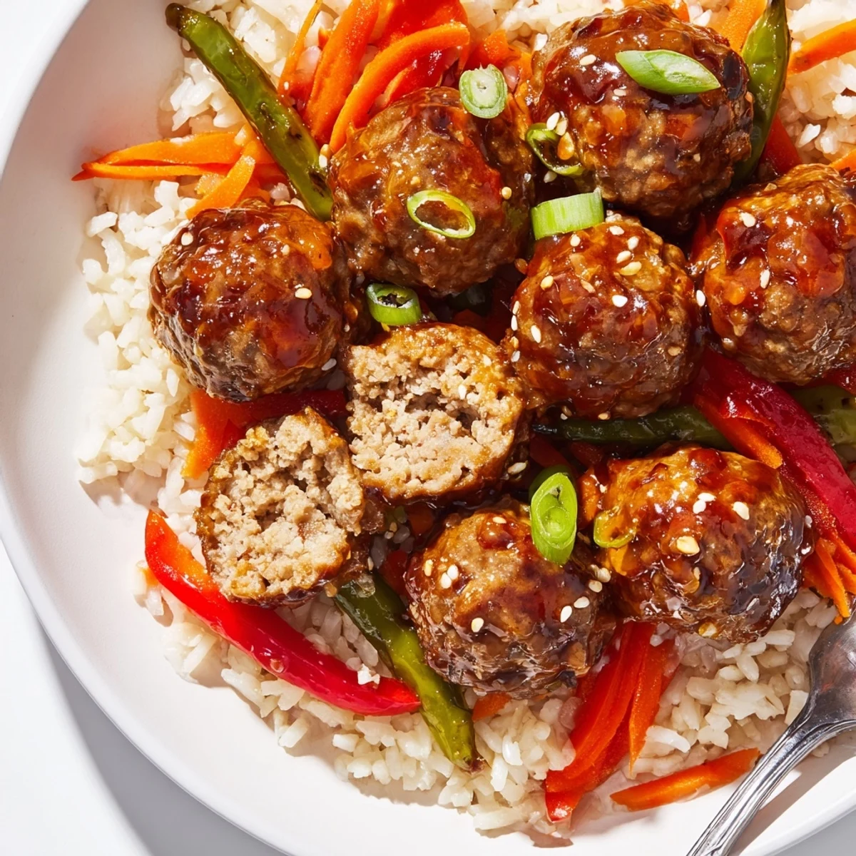 Crisp sautéed vegetables beside Hello Fresh Firecracker Meatballs drizzled with extra sauce