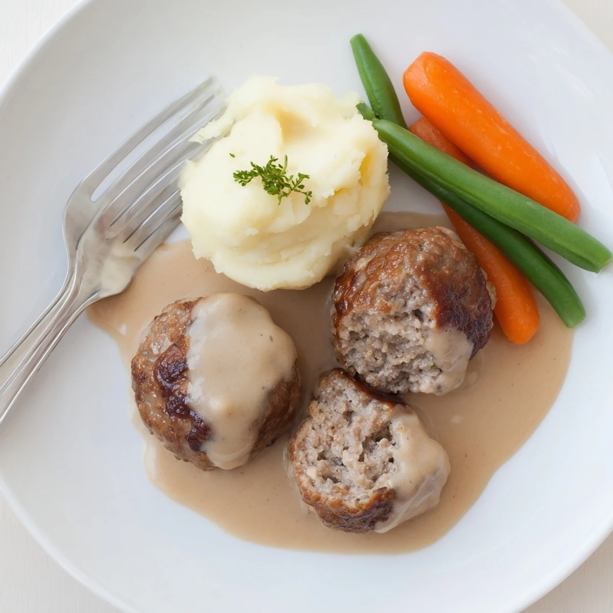 Homemade Ikea Meatballs glistening in creamy gravy, served atop mashed potatoes