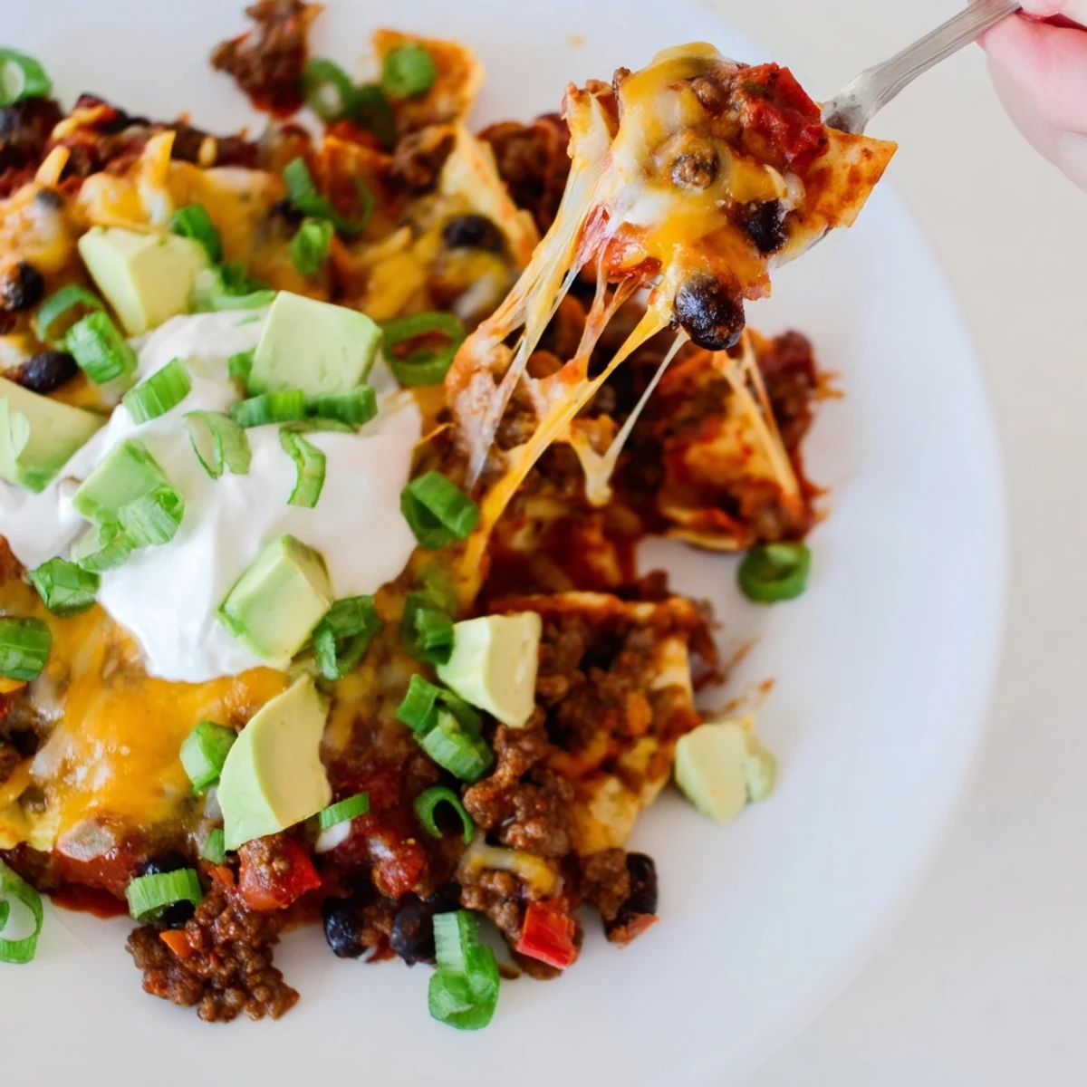 Beef Skillet Enchiladas bubbling with melted cheese, red sauce, cilantro garnish