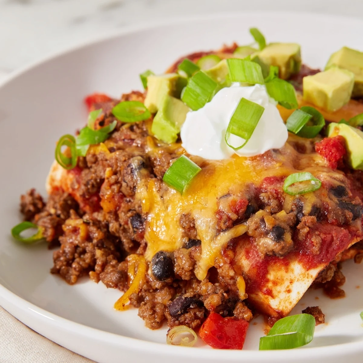 Beef Skillet Enchiladas layered with corn tortillas, black beans, golden cheese