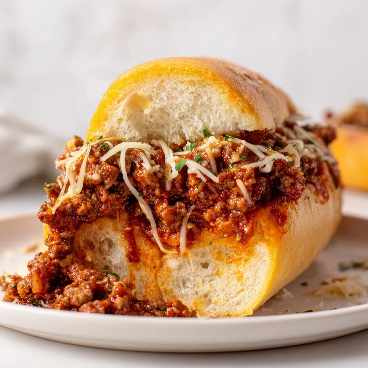 Garlic Bread Sloppy Joes piled hot, gooey cheese, buttery crust.
