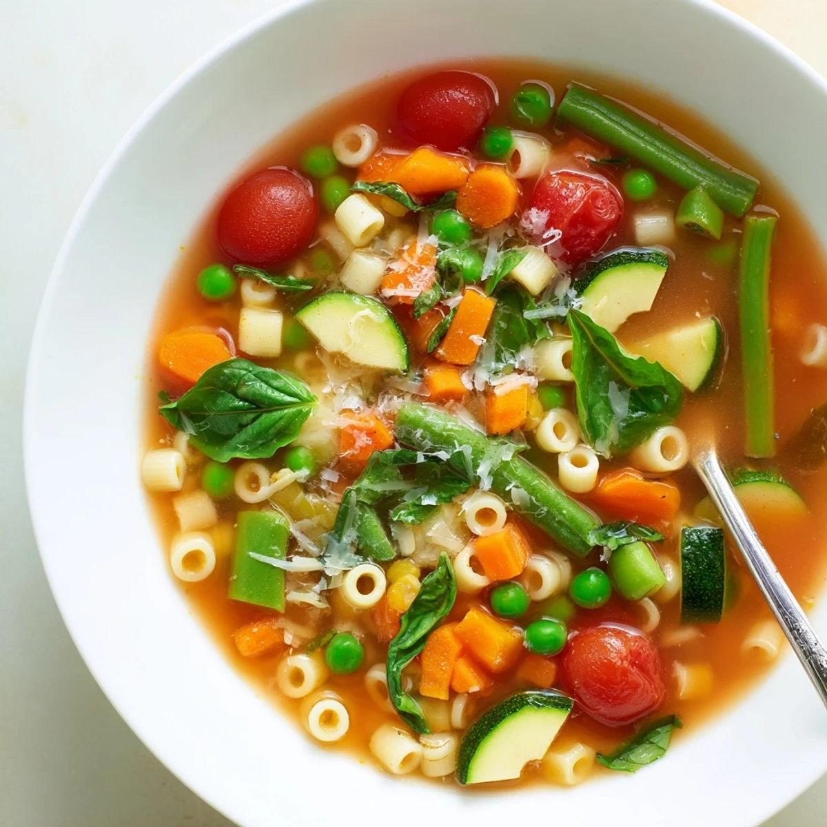 Hearty bowl of Spring Minestrone Soup recipe with tender pasta and basil