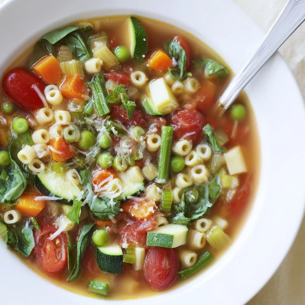 Steaming Spring Minestrone Soup recipe studded with cherry tomatoes and spinach