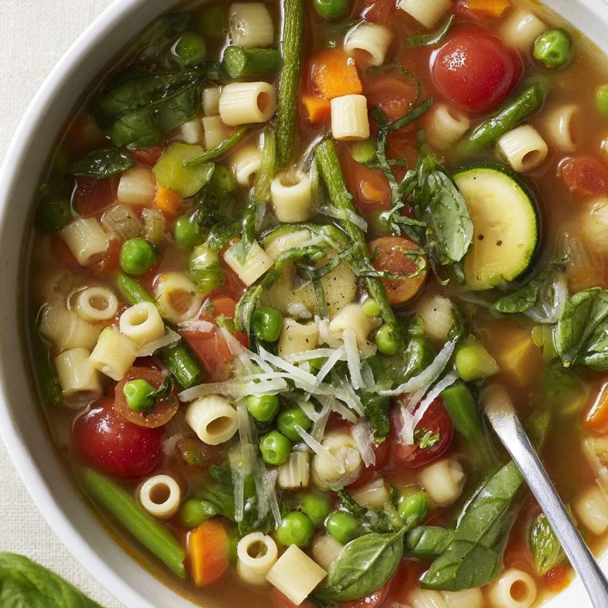 Bright Spring Minestrone Soup recipe served with crusty bread and olive oil drizzle