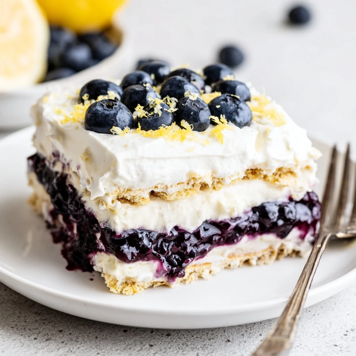 Lemon Blueberry Lasagna Recipe layered with silky lemon cream and juicy blueberries