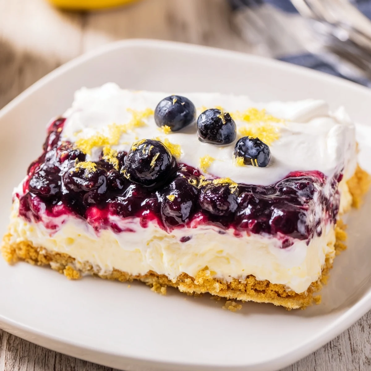 Chilled Lemon Blueberry Lasagna served with whipped cream and zested lemon