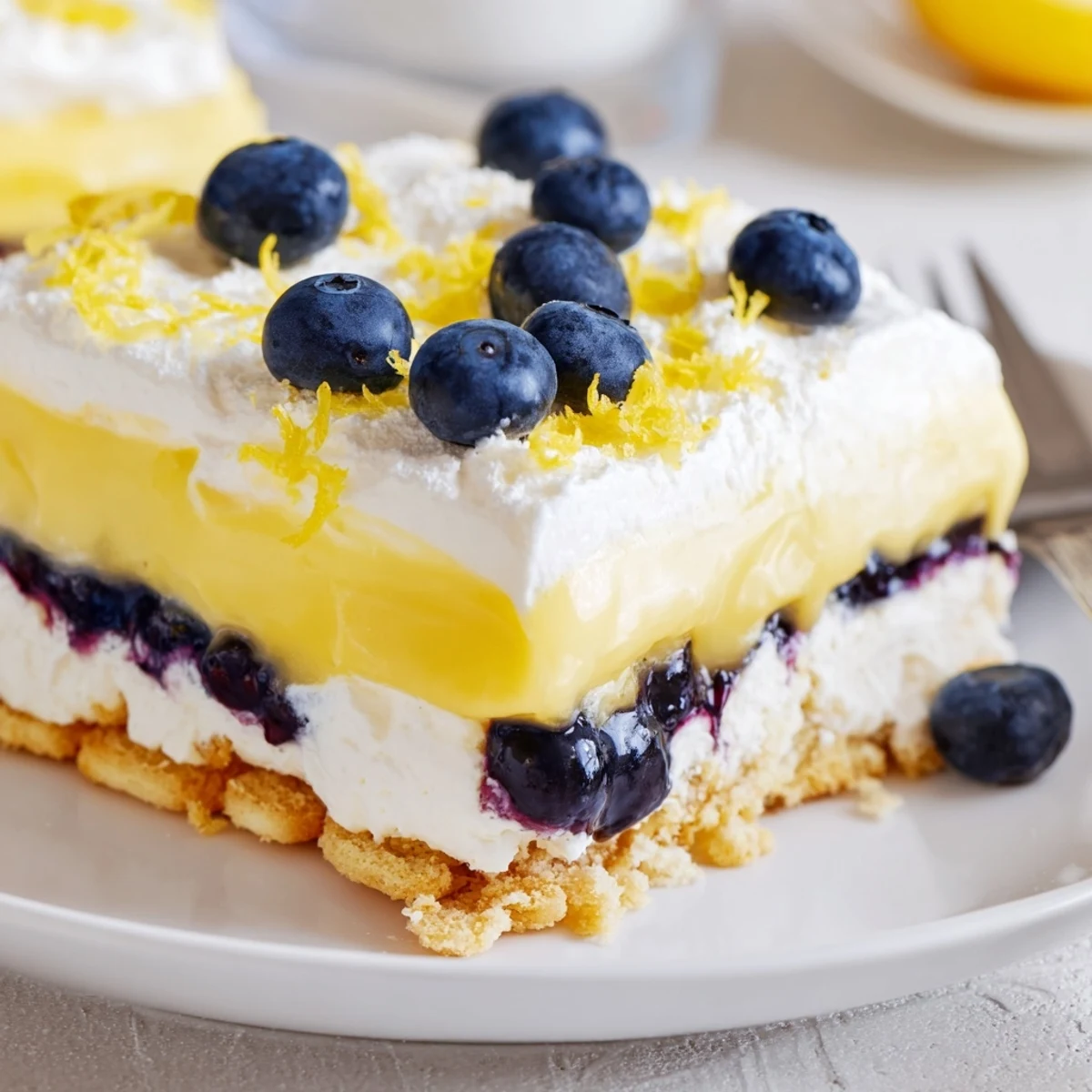 No-bake Lemon Blueberry Lasagna Recipe showcasing buttery cookie crust and vibrant berries