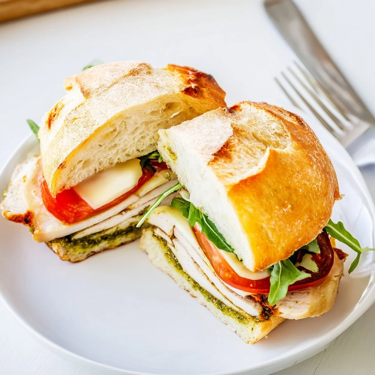 Toasted ciabatta holding a warm Chicken Pesto Sandwich with melted mozzarella