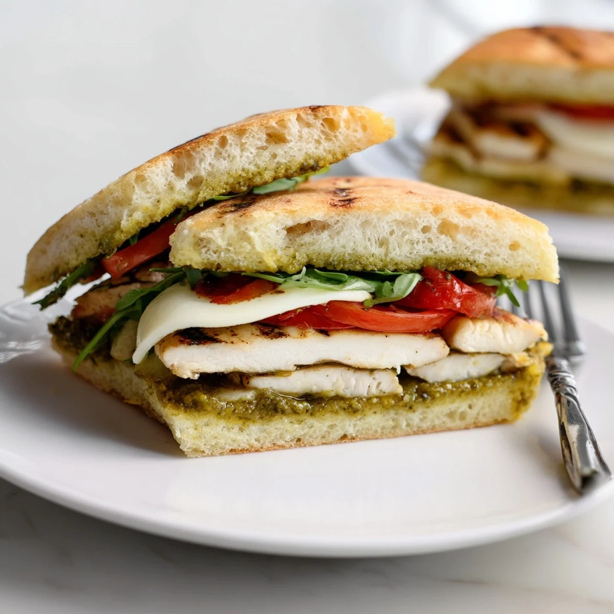 Chicken Pesto Sandwich served warm with ripe tomato slices and peppery arugula