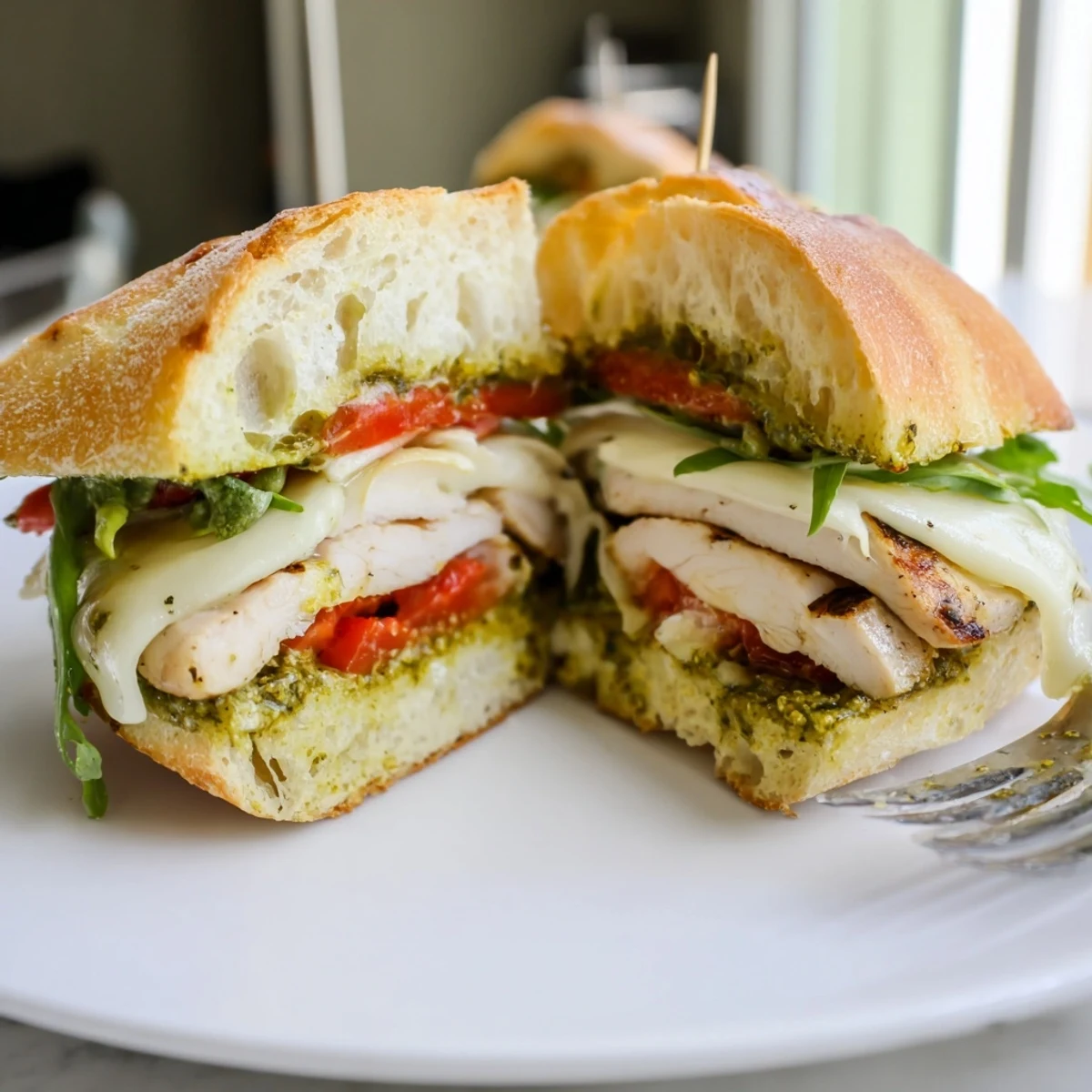 Quick skillet-grilled chicken layered in Chicken Pesto Sandwich for easy lunch