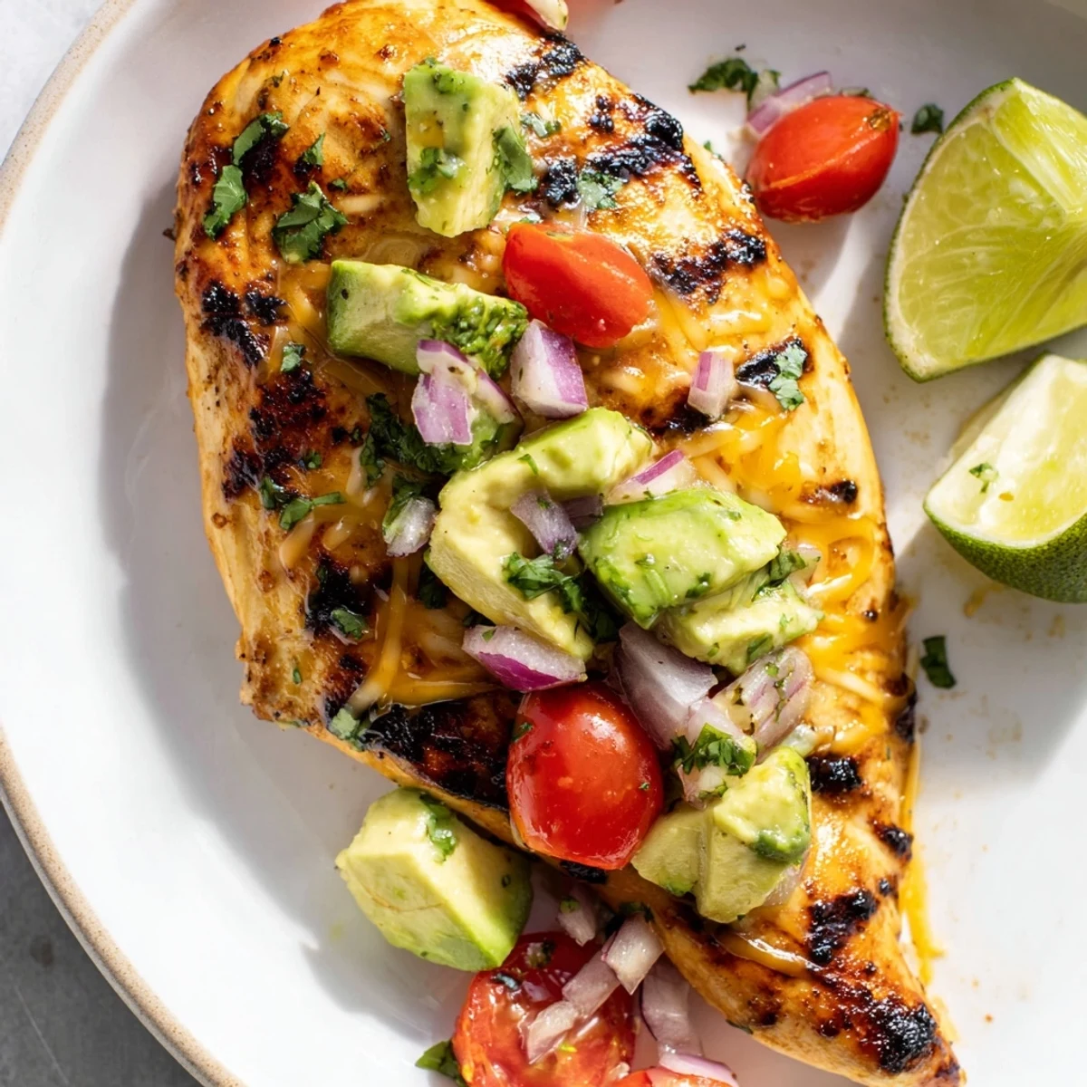 Fiesta Lime Chicken With Avocado grilled to golden, topped with creamy green salsa.