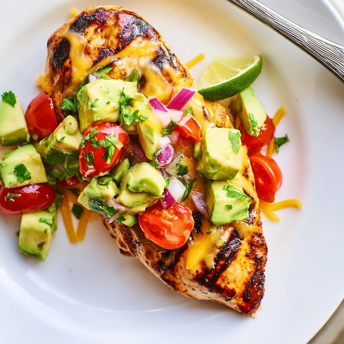 Cheese melting over skillet-seared chicken with creamy avocado—Fiesta Lime Chicken With Avocado.