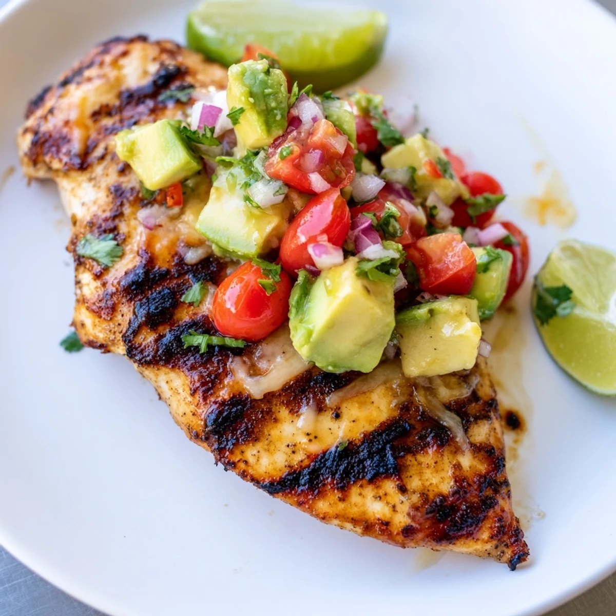 Bright citrus aroma as Fiesta Lime Chicken With Avocado rests beside lime wedges.