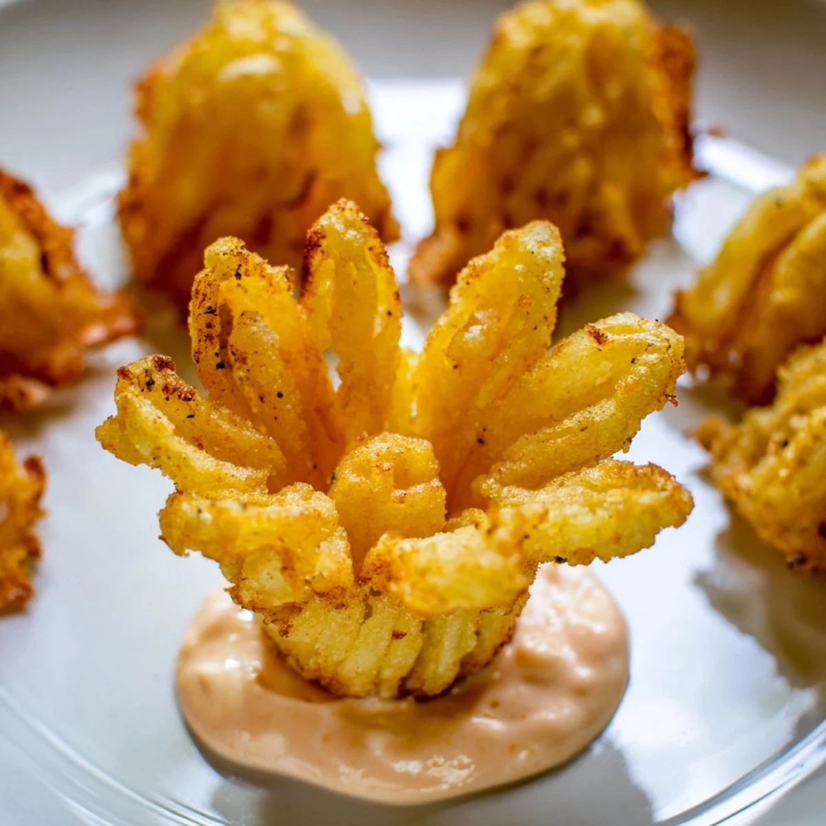 Plate of Crispy Mini Bloomin Onions Recipe, crunchy batter, steaming and ready.
