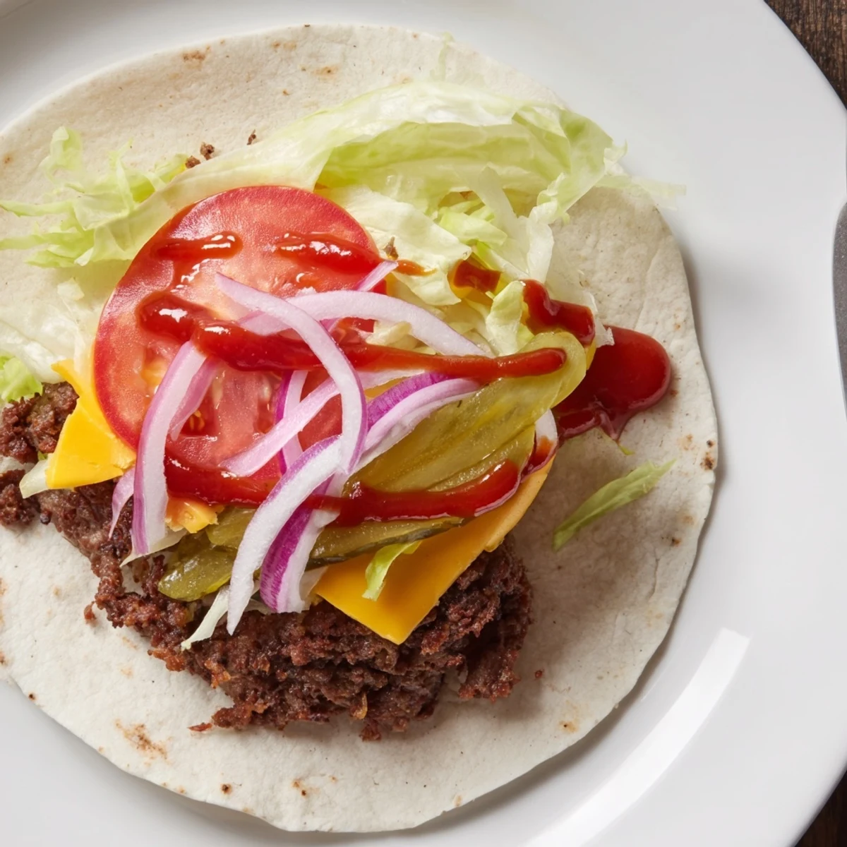 Crispy skillet-made Smash Burger Tacos Recipe folded with lettuce, tomato, tangy sauce.