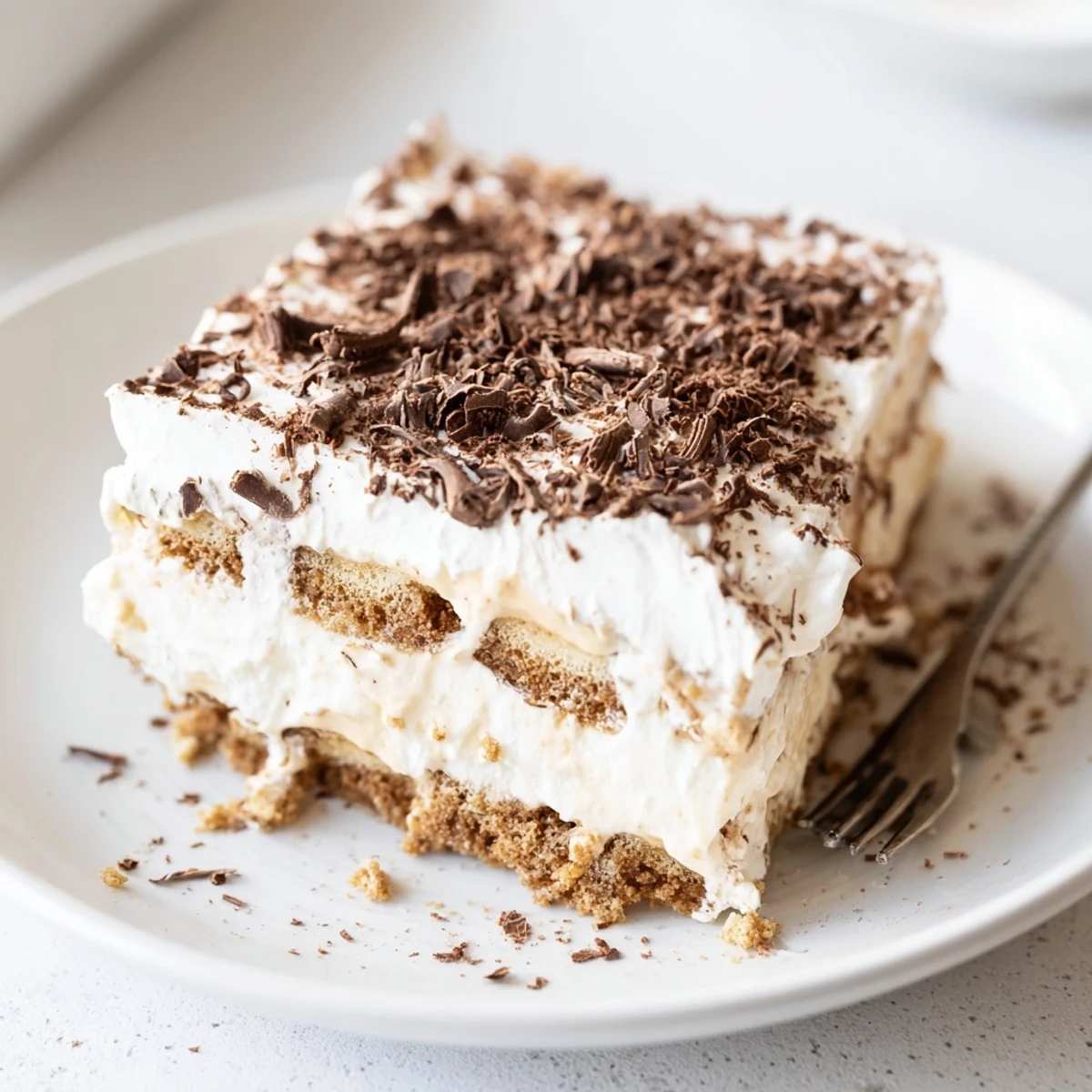 Family-style No Bake Layered Dessert topped with cocoa dust and berries.