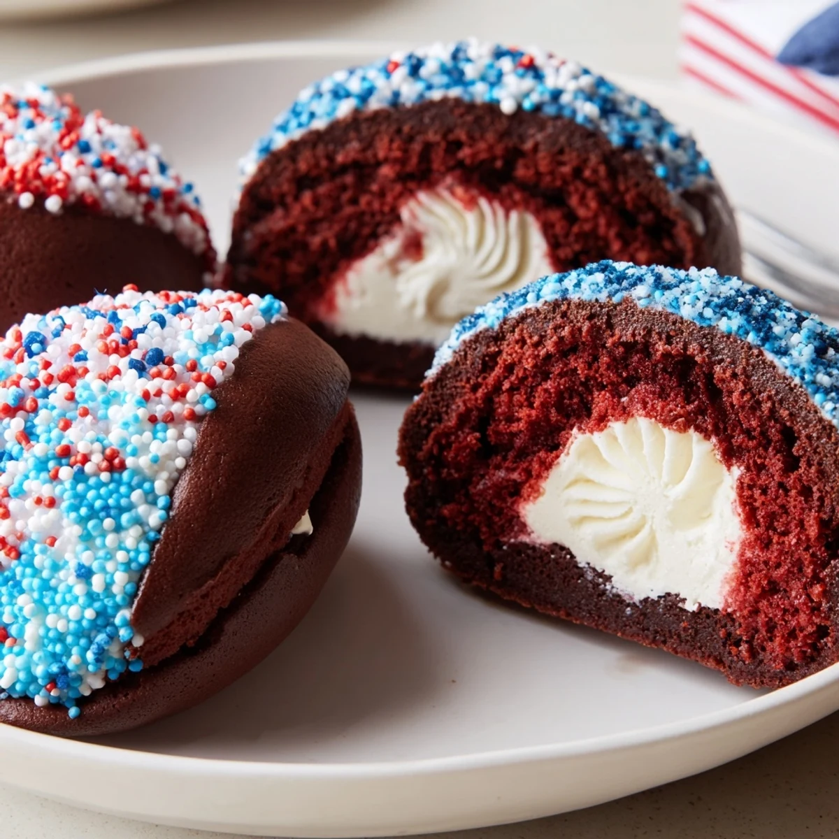 Patriotic Whoopie Pies Dessert piled on a plate, chocolate cakes and fluffy frosting.