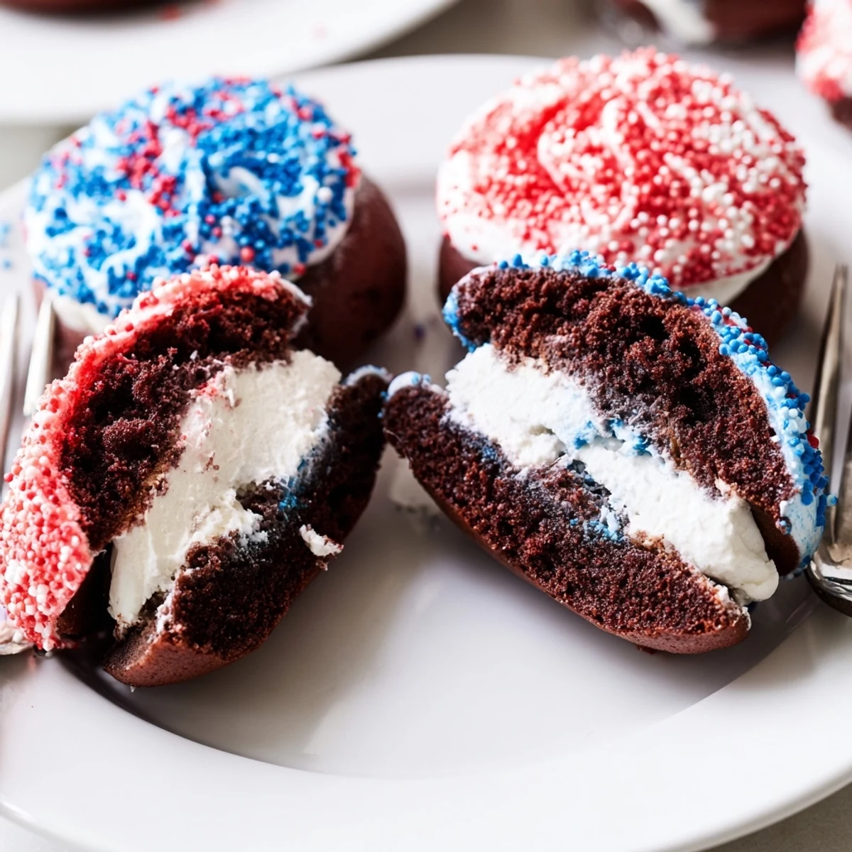 Fresh-baked Patriotic Whoopie Pies with red, white, blue filling, festive sprinkles.