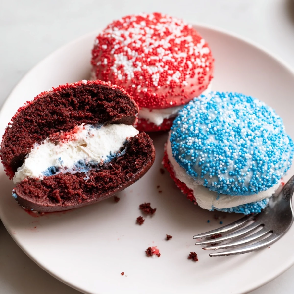Stack of Patriotic Whoopie Pies chilled for serving, marshmallow creme center.