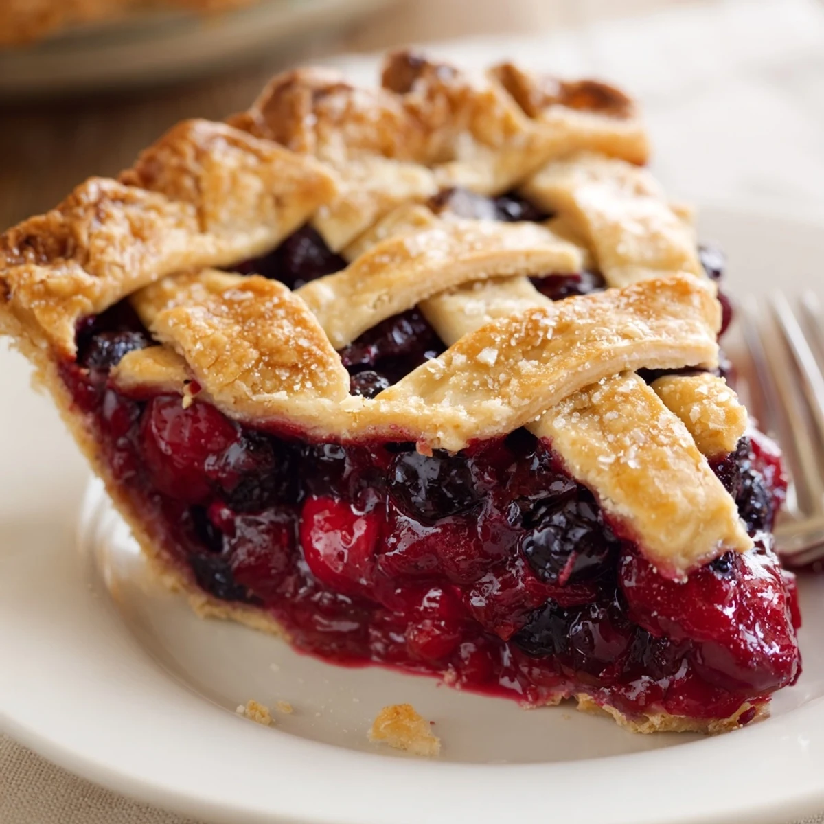 Cherry And Blueberry Pie with bubbling glossy filling, golden flaky crust