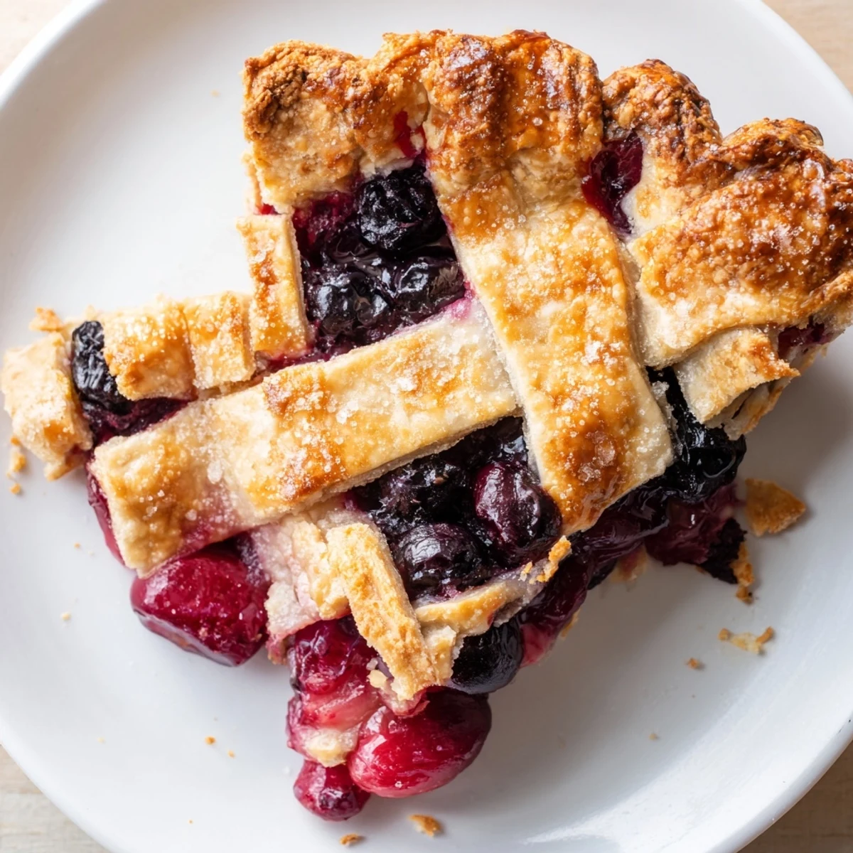 Homemade Cherry And Blueberry Pie steaming on rack, sugared lattice top