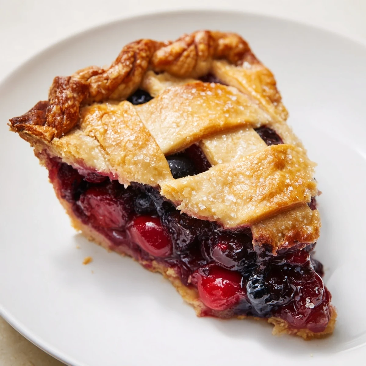 Slice of Cherry And Blueberry Pie served warm with melting vanilla ice cream