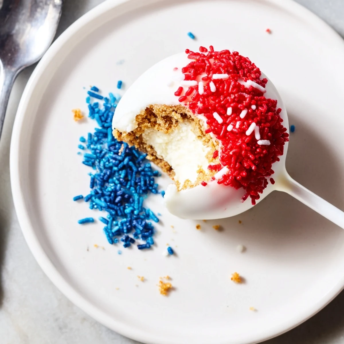 Platter of Fourth Of July Star Cheesecake Pops sparkling with sprinkles, perfect picnic dessert