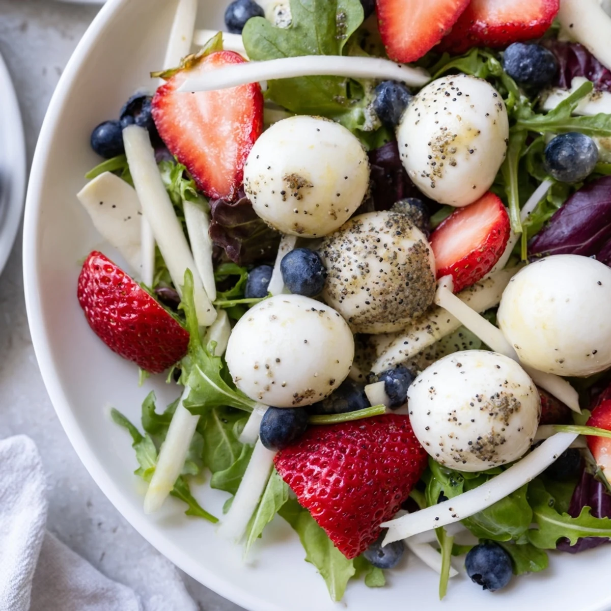 4th Of July Salad with juicy strawberries, blueberries, mozzarella, tangy poppy seed dressing
