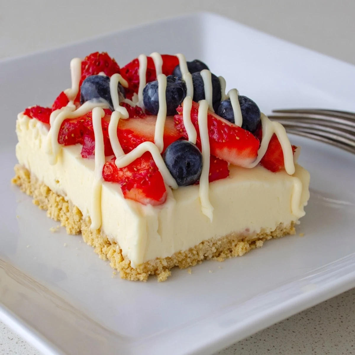 Fresh berry-topped Patriotic Cheesecake Bars sliced into squares, perfect for backyard picnics