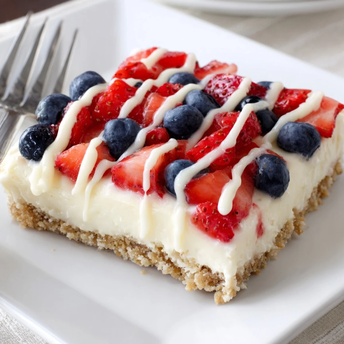 Patriotic Cheesecake Bars with creamy filling, buttery graham crust, chilled and ready
