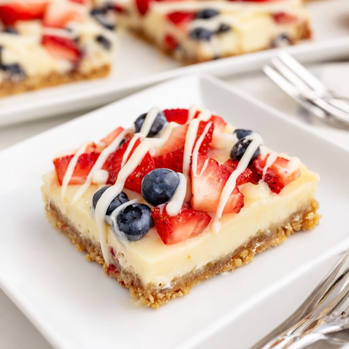 Drizzled white chocolate and vibrant berries crown chilled Patriotic Cheesecake Bars for entertaining