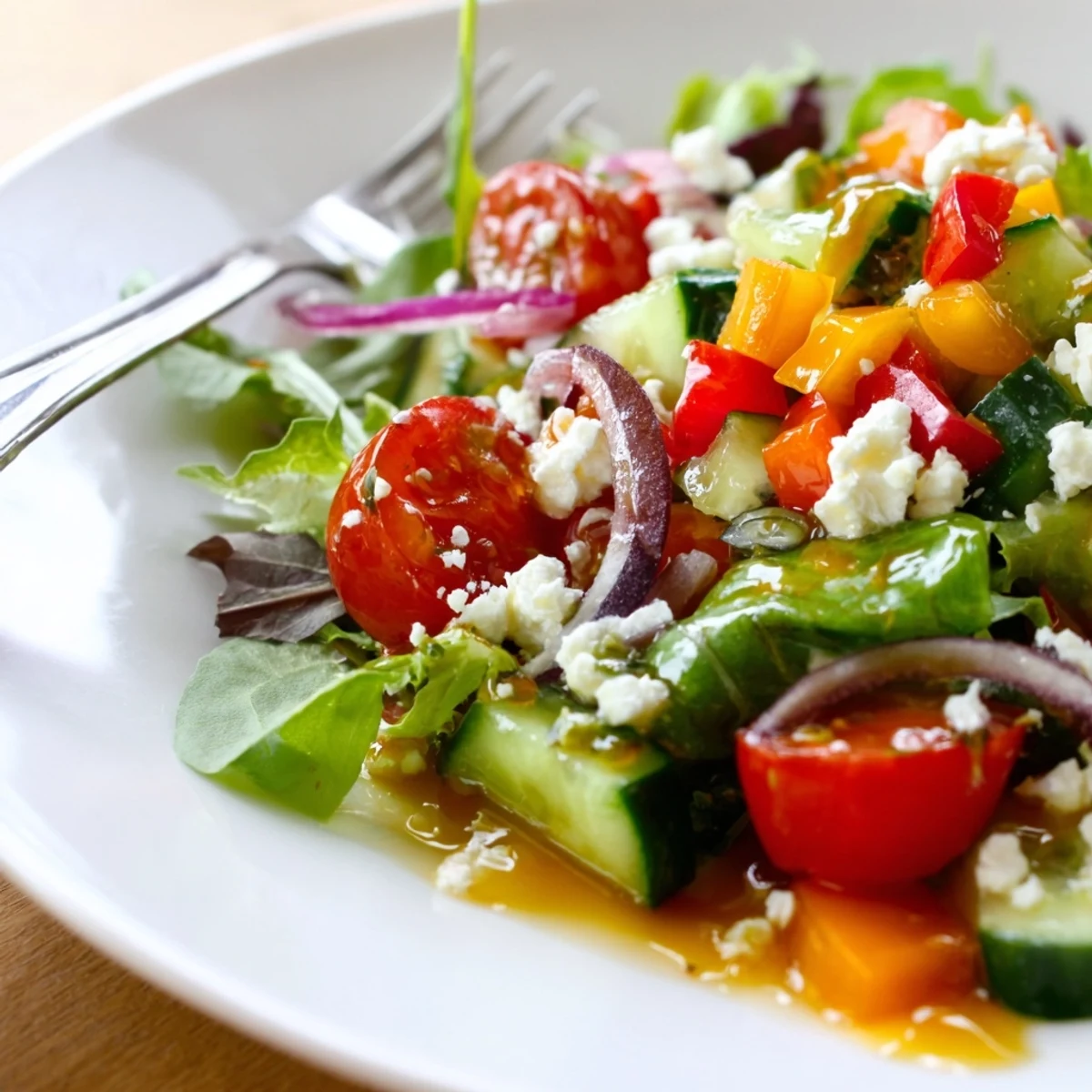 Fresh Salad Recipe: crisp greens, juicy cherry tomatoes, tossed in lemon dressing.