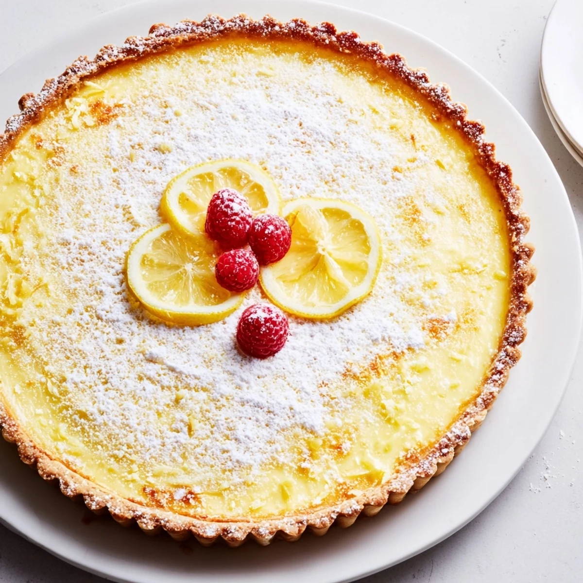 A slice of Creamy Lemon Tart Recipe garnished with fresh berries, silky filling