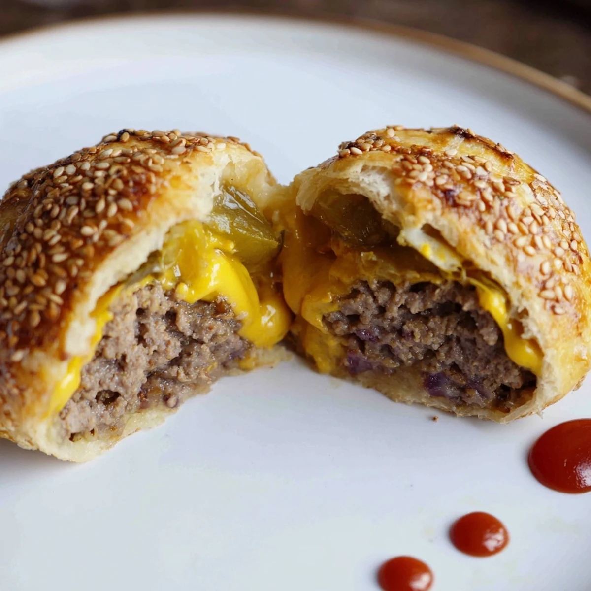 Golden biscuit wrapped Cheesy Cheeseburger Bombs Explosion Recipe oozing melted cheddar, sesame topping