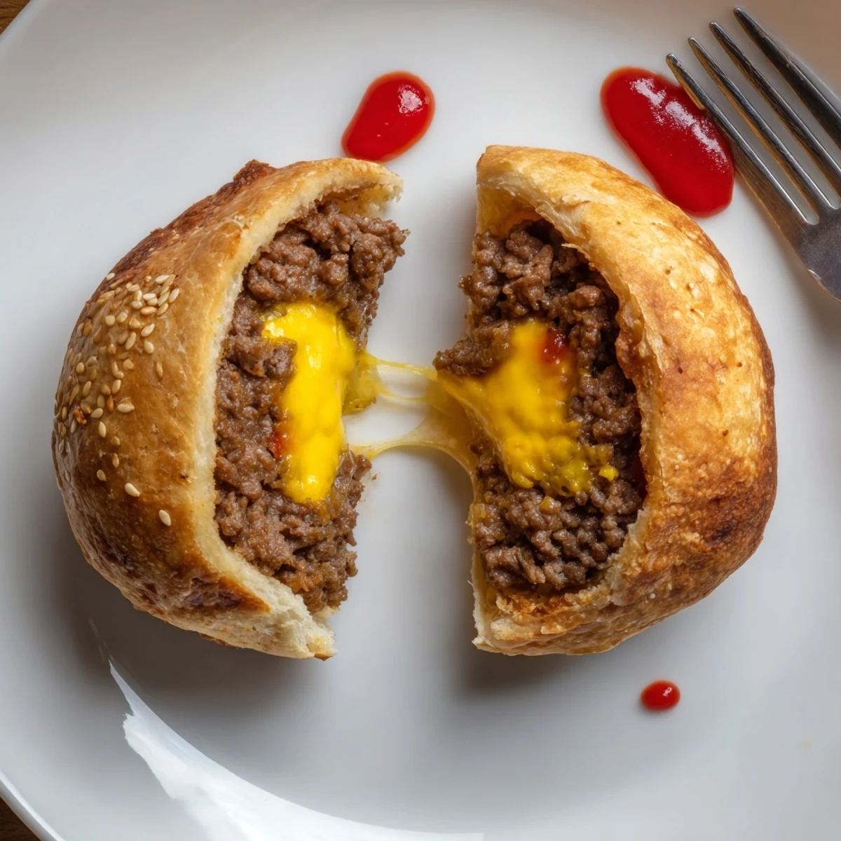 Hand held Cheesy Cheeseburger Bombs Explosion Recipe split open revealing steaming cheese pull