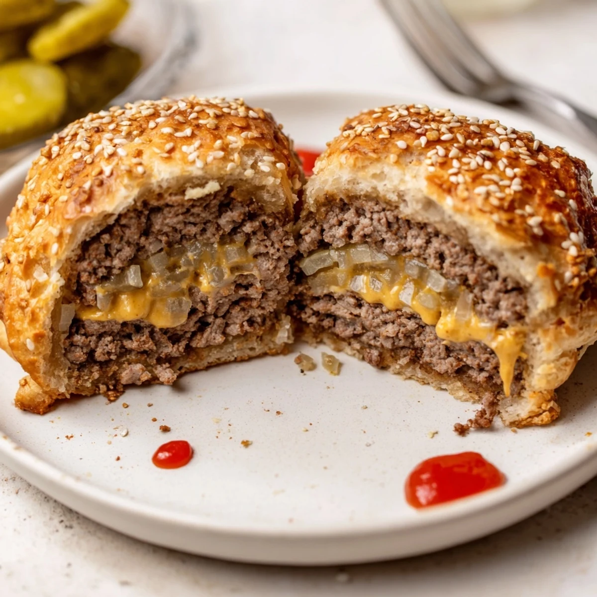 Plate of warm Cheesy Cheeseburger Bombs Explosion Recipe, savory beef and gooey mozzarella