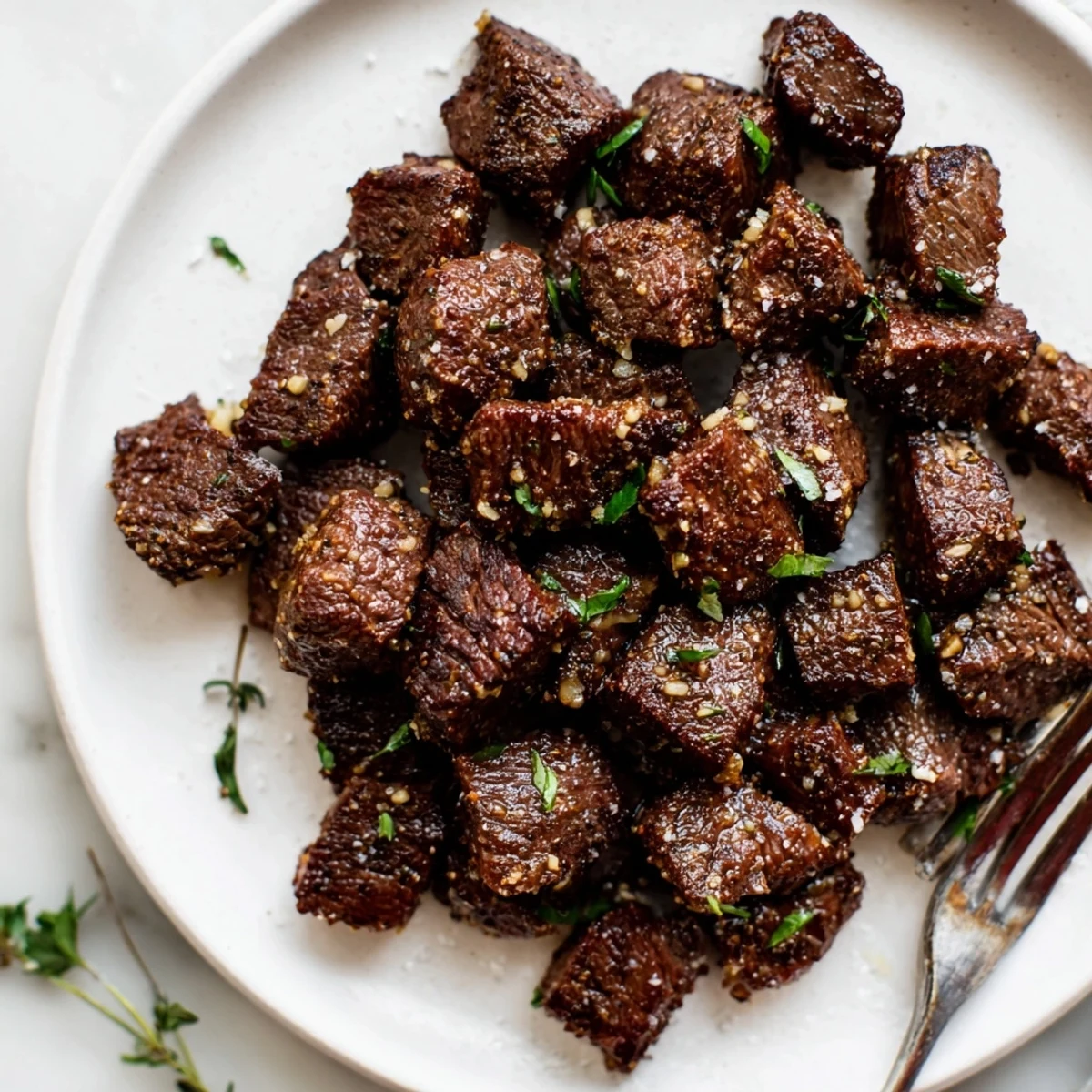 Garlic Butter Steak Bites sizzling in a cast iron pan, golden seared