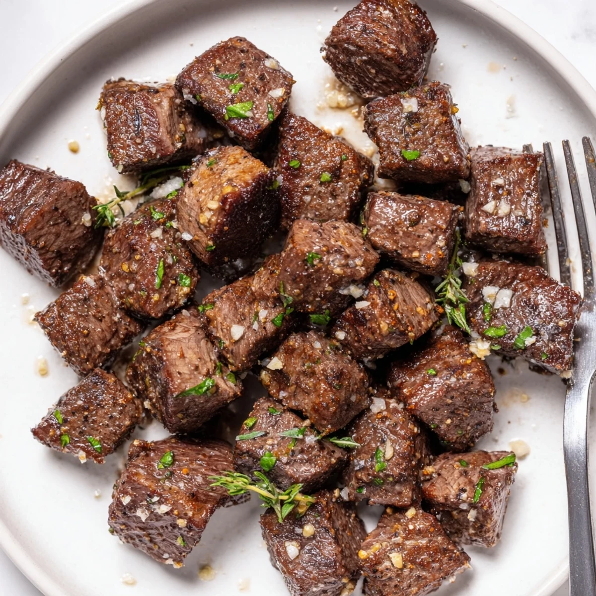 Juicy Garlic Butter Steak Bites, tender cubes with parsley and flaky sea salt